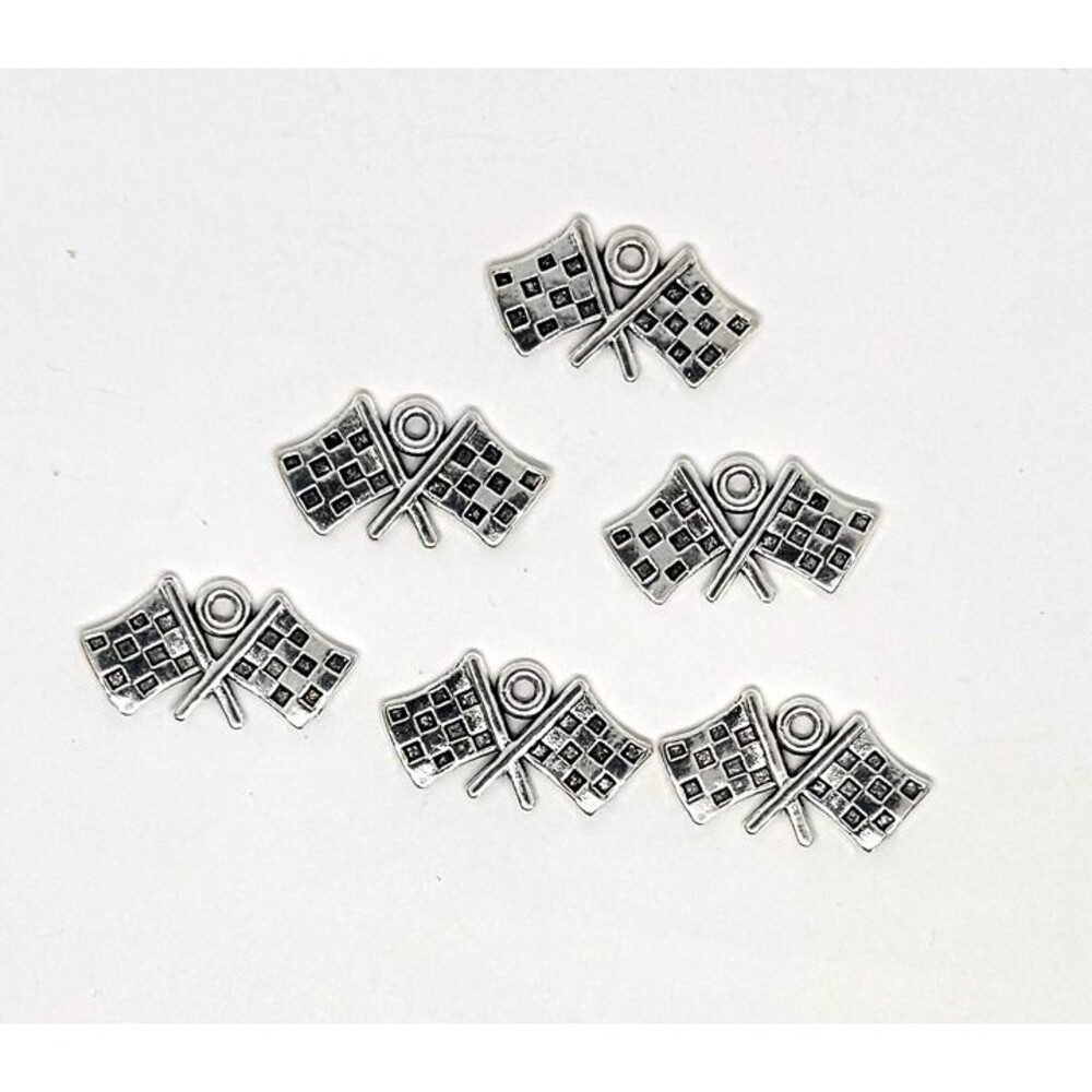 6pcs Beads for Jewelry Making Silver Racing Flag Charms #10397- 3 sets left